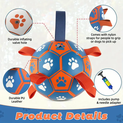 Large, thickened rubber dog soccer ball with tug-of-war straps and inflation tube.