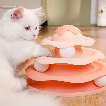 Three-tiered cat-themed spinning toy, interactive track tower, educational game.