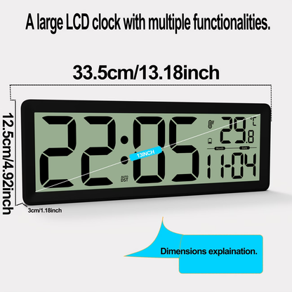 Large digital wall clock with temperature, date, and daylight saving time display