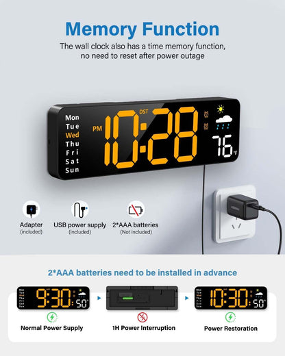 Digital wall clock, digital clock with remote control, large screen with date, week, temperature, humidity, automatic daylight saving time
