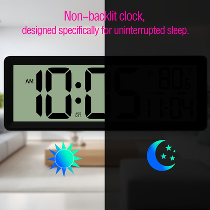 Large digital wall clock with temperature, date, and daylight saving time display