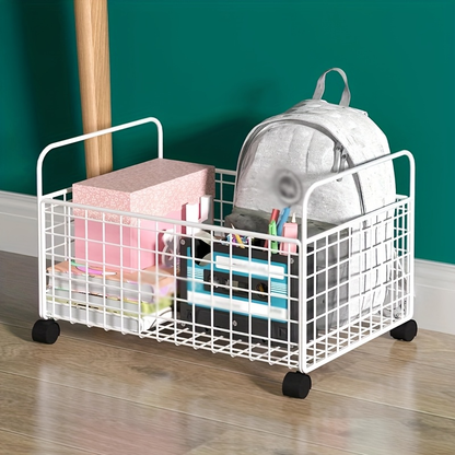 Durable metal bookshelf with mesh magazine basket and wheels; stackable.