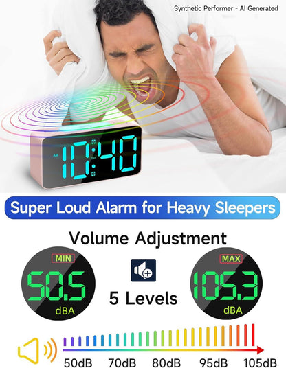 Digital clock with night light, adjustable volume, USB charger, small bedside clock for the bedroom