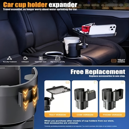 Adjustable car cup holder with 360° rotating tray - made of ABS material