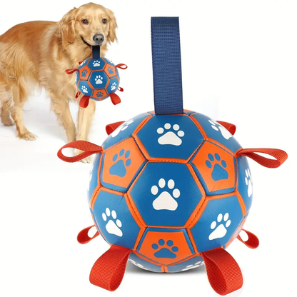 Large, thickened rubber dog soccer ball with tug-of-war straps and inflation tube.