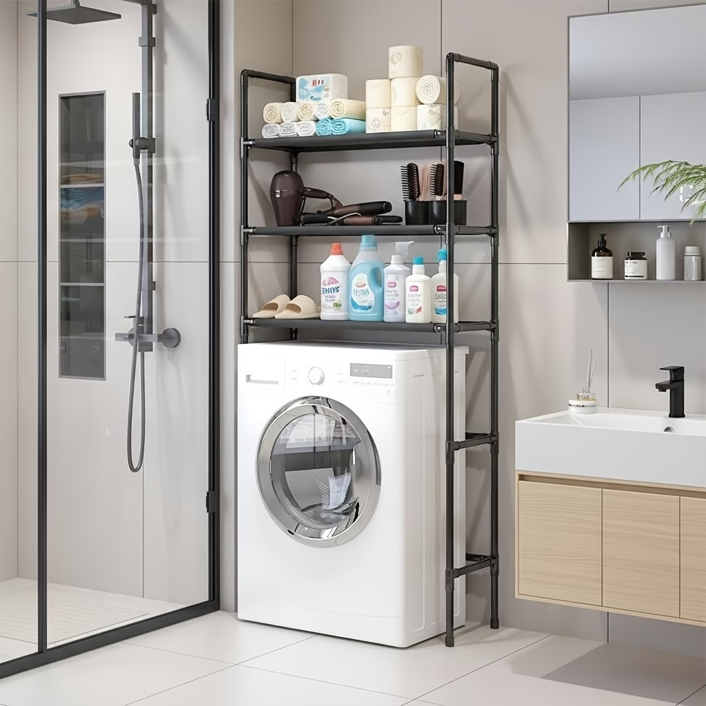 Four-tier bathroom shelf with metal frame and adjustable top shelf.