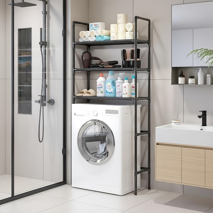 Four-tier bathroom shelf with metal frame and adjustable top shelf.
