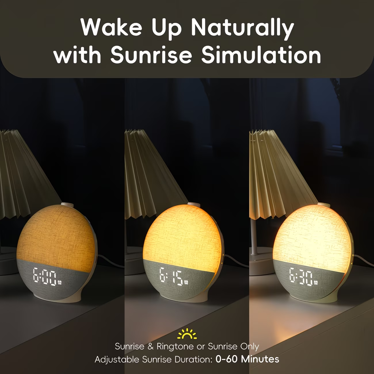 Sunrise alarm clock with white noise sound system, equipped with 30 soothing sleep aid devices and natural wake-up lights