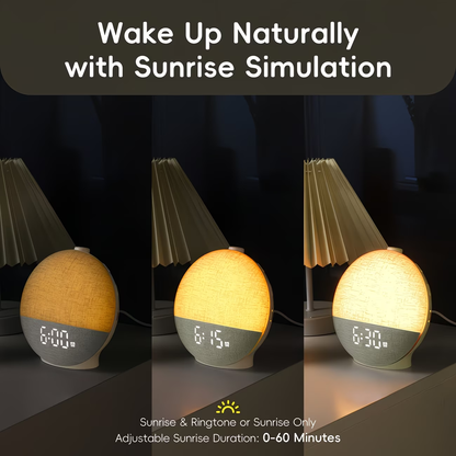 Sunrise alarm clock with white noise sound system, equipped with 30 soothing sleep aid devices and natural wake-up lights