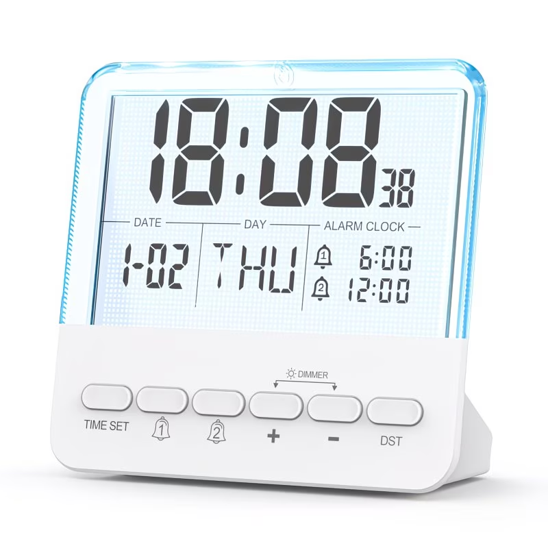 Multi functional digital alarm clock with large backlit display, dual alarm settings, clock, date, day of the week, and daylight saving time adjustment