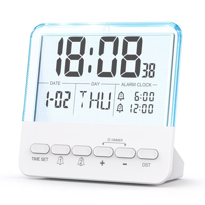 Multi functional digital alarm clock with large backlit display, dual alarm settings, clock, date, day of the week, and daylight saving time adjustment