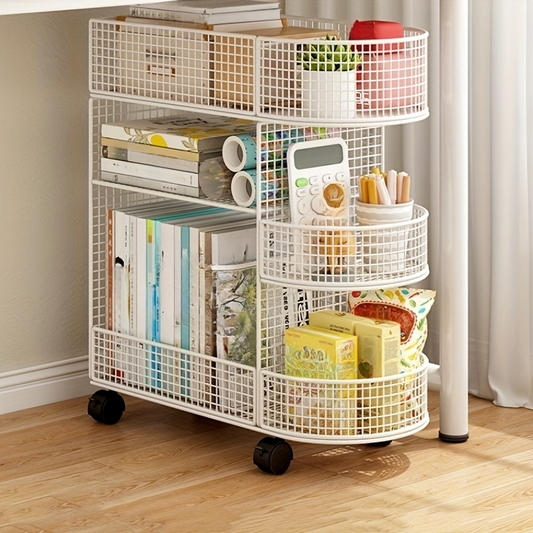 Three-tier metal bookshelf with casters - a space-saving under-desk storage organizer.
