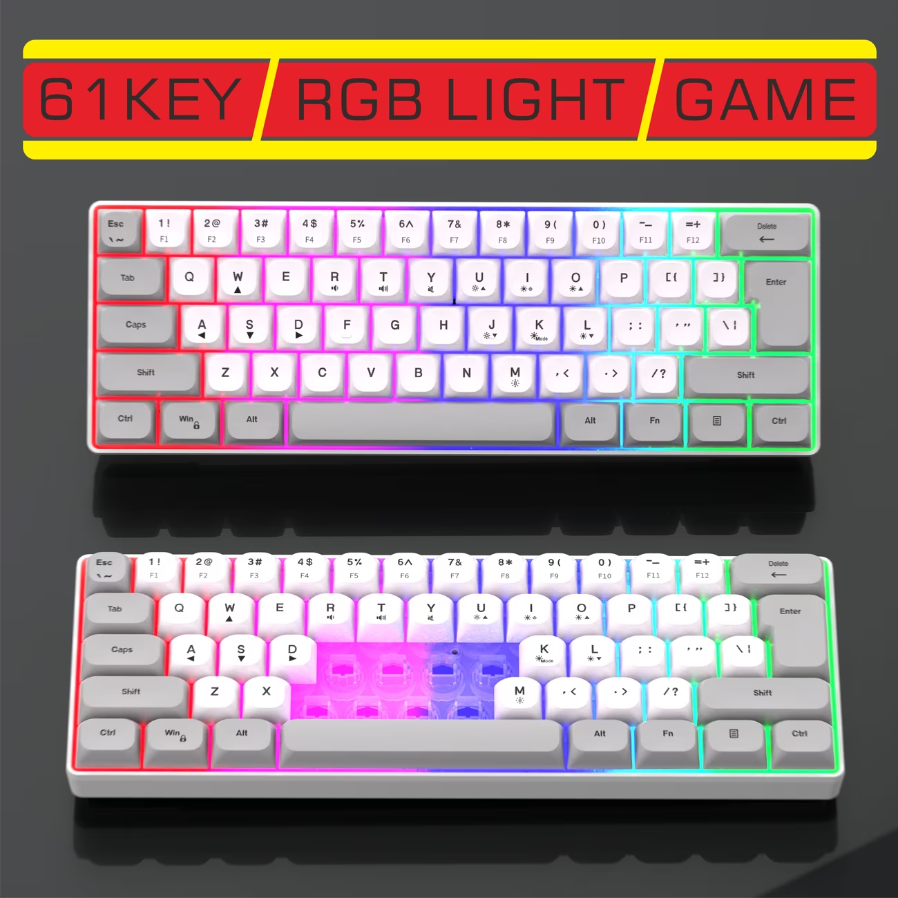 White gaming wired RGB backlit keyboard, gray USB computer PC laptop integrated keyboard