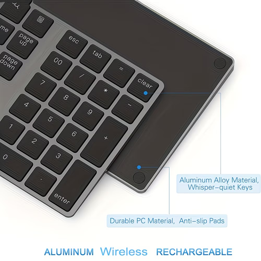 Rechargeable wireless numeric keyboard, portable wireless office computer keyboard