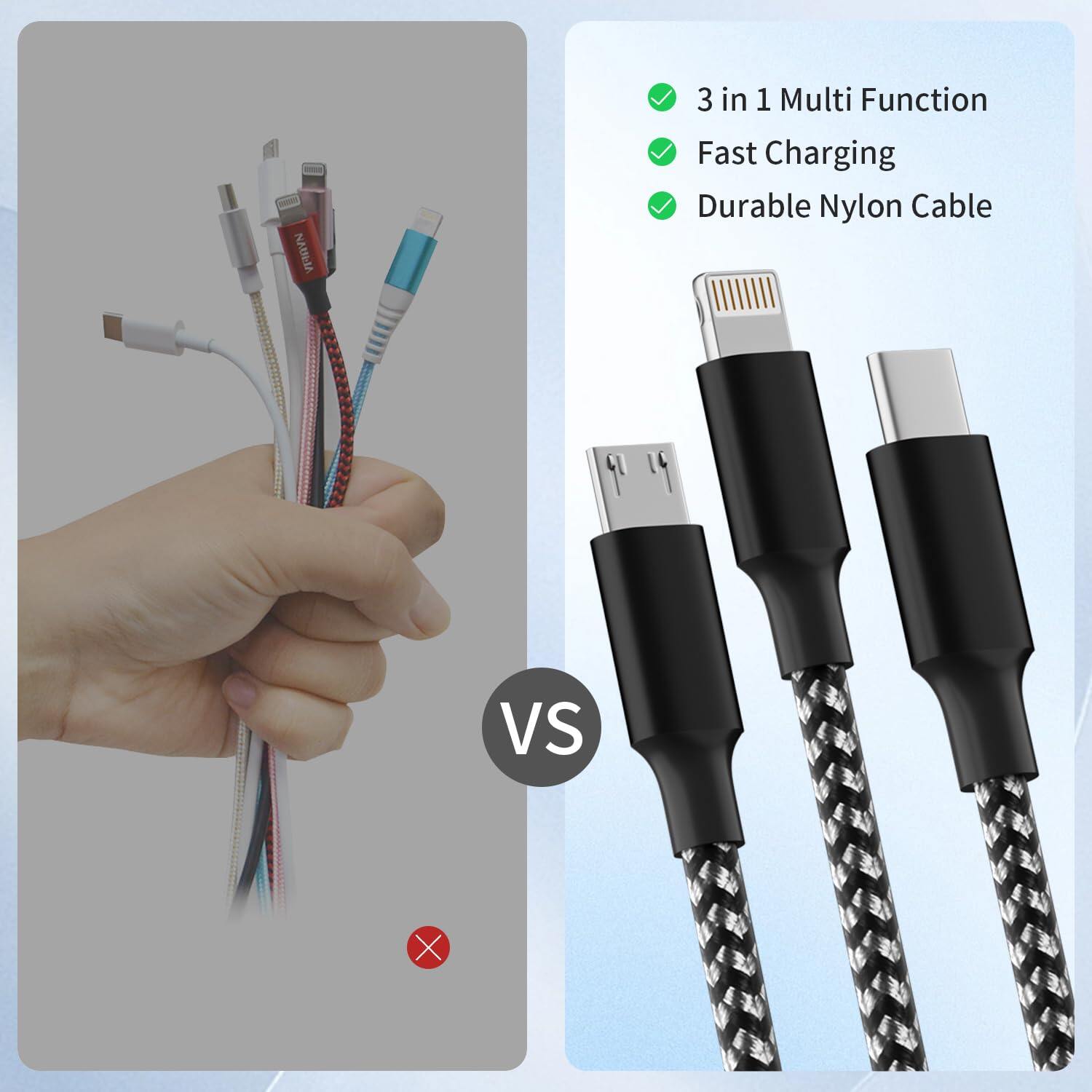 Multi functional charging cable, (2 packs of 4FT) 3-in-1 charging cable, suitable for various devices, nylon braided
