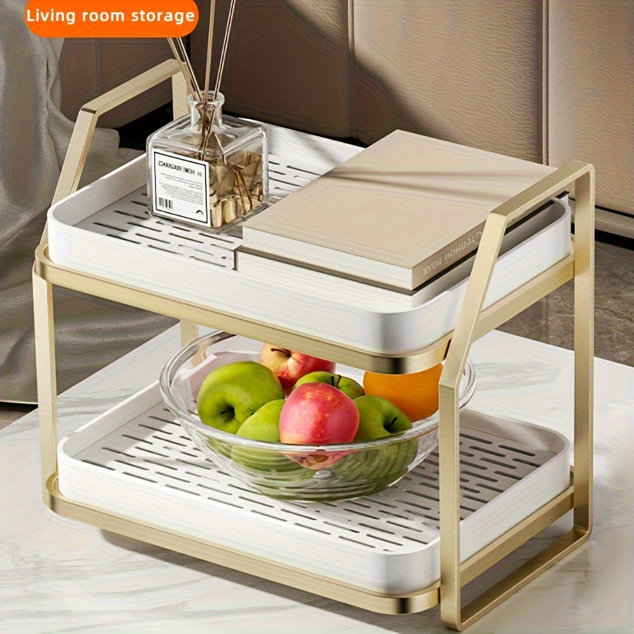 Expandable Double-Layer Kitchen Organizer Rack – Golden Metal Frame with White Plastic Bins, Cup Storage & Drainage, Coffee & Tea Display Shelf, Cutlery Holder for Countertop or Cabinet, Multi-Purpose Design, Cup Display Shelf | Modern Storage Solution |