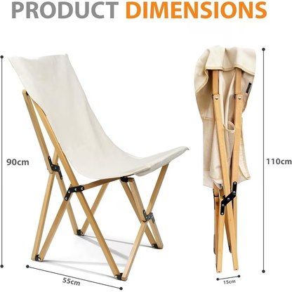 Folding butterfly chair, beige beechwood and canvas, 150 kg weight capacity.