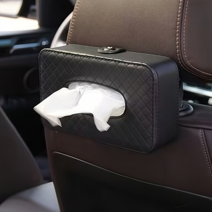 One car-mounted, grid-style tissue box with a hanging strap, made of PU leather.