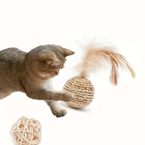 Two cat toy balls made of synthetic feathers, designed for teasing and chewing.