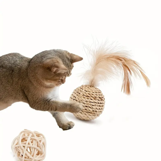 Two cat toy balls made of synthetic feathers, designed for teasing and chewing.