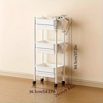 Three-tiered bookshelf with wheels, and includes two pen holders.