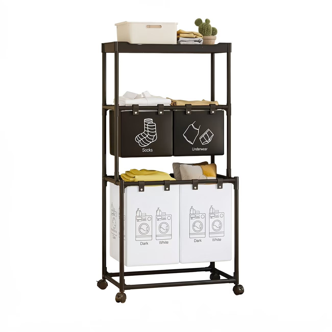 Wheeled storage rack, metal frame, dimensions 22.44 x 17.32 x 50.39 inches.