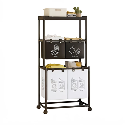 Wheeled storage rack, metal frame, dimensions 22.44 x 17.32 x 50.39 inches.